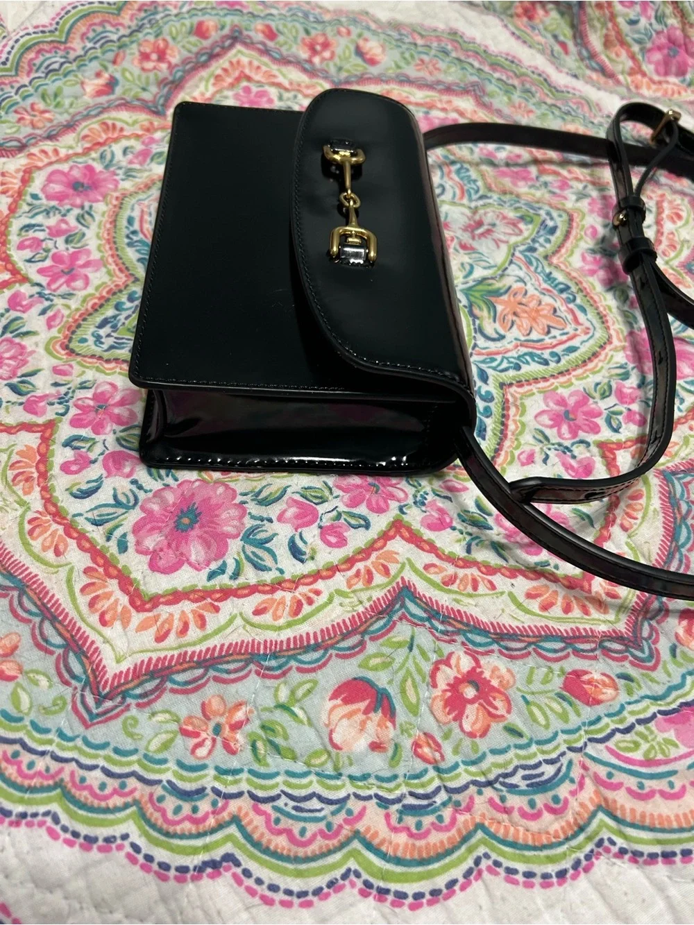 Sam Edelman Loraine crossbody black patent leather gold-tone horse bit like